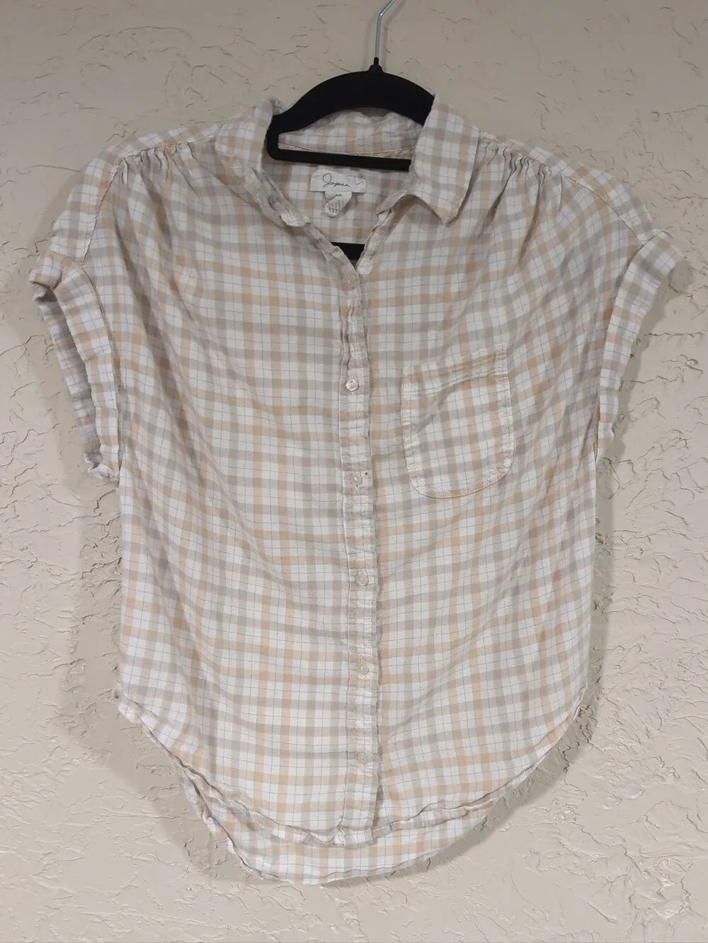 Japna White And Orange Check Plaid Short-Sleeve Button-Up Top - Women's Medium